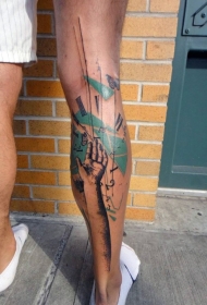 腿部原始风格设计彩色手和时钟纹身