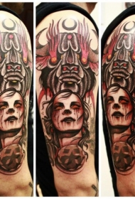大臂new school彩色恶魔女人公牛纹身图案