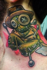 脖子彩色滑稽的巫毒娃娃纹身图案