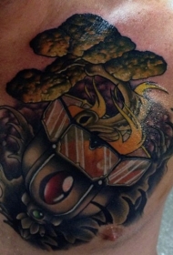 胸部奇怪的火焰与燃烧的树纹身图案