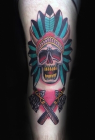 腿部彩色老式的印度酋长头骨纹身