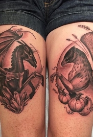 大腿彩色的各种幻想鸟类纹身图案
