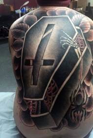 背部巨大的五彩棺材骨架和蜘蛛纹身图案