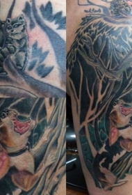 old school彩色黑森林和愤怒的狗纹身图案