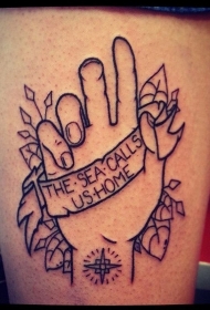 大腿黑色线条手字母与玫瑰纹身图案