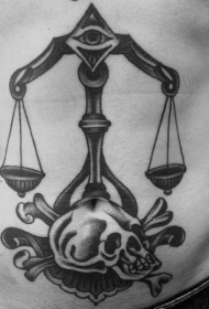 腹部old school黑色天秤座骷髅纹身图案