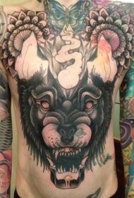 old school神秘恶魔狼头和梵花纹身图案