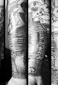 小臂好看的黑色墓地和月球老房子纹身图案