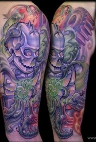 恐怖的彩色骷髅和齿轮卡通纹身图案