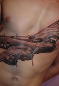 腹部写实彩色大型轰炸机纹身图案
