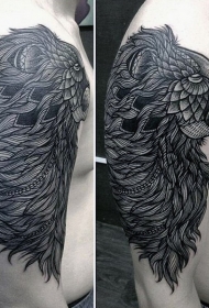 大臂new school黑色狮子头和羽毛纹身图案
