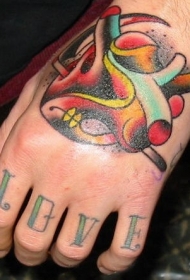 手部彩色心脏血管纹身图案