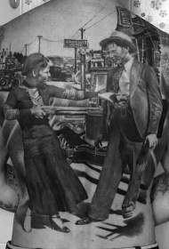 背部写实逼真的old school城市与黑帮女子纹身图案