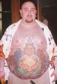 腹部彩色笑佛纹身图案