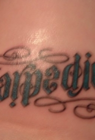 腿部彩色拉丁文花体纹身图片