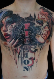 胸部new school神秘女人肖像与字母纹身图案