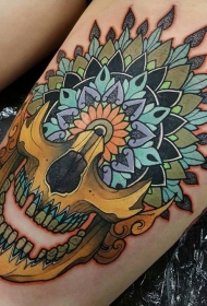 New School彩色腿部传统骷髅头纹身图案