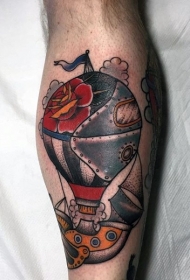 老式风格的彩色机械飞行气球纹身图片