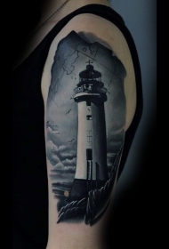 大臂写实黑白灯塔纹身图案