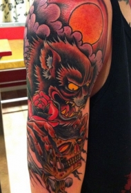 old school彩恶魔与骷髅和玫瑰纹身图案