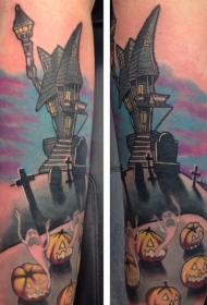 手臂彩色恐怖的旧房子纹身图案