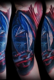 手臂彩色插画风格链条钟表纹身图案