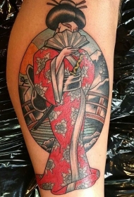 小腿old school漂亮的裙子艺妓纹身图案