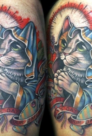 有趣的卡通祈祷猫和鱼老鼠纹身图案