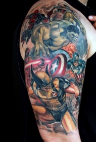 肩部彩色各种“超级英雄”纹身图案