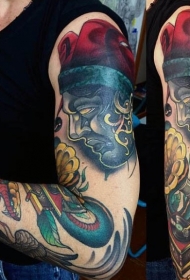 手臂old school彩色神秘的小丑和留声机纹身图案