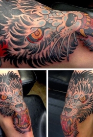 腿部old school彩色邪恶的狼纹身图案