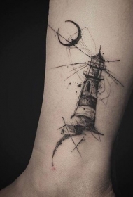 脚踝雕刻风格黑色灯塔和月亮纹身图案