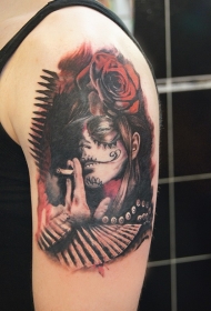 肩部墨西哥传统风格吸烟妇女纹身图片