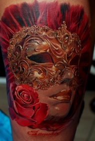 华丽漂亮的彩色女人面具玫瑰字母纹身图案