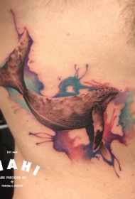 腰侧彩色水彩鲸鱼纹身图案