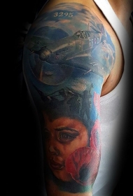 插画风格色肖像与二战飞机纹身图案
