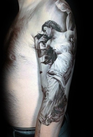 肩部黑灰色妇女与天秤座纹身图案