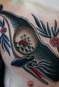 old school胸部鲸鱼花朵纹身图案