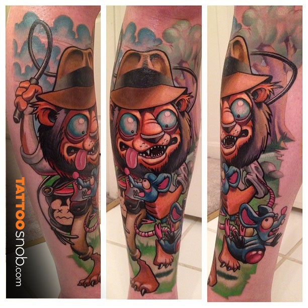 腿部新传统风格的彩色卡通狮子纹身图案