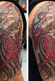 大臂邪恶的乌贼帆船纹身图案
