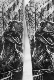 黑白写实风格恐龙森林纹身图案