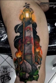 小腿彩绘卡通灯塔纹身图案