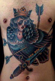 彩色腹部old school箭与匕首和人头鹰纹身图案