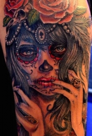 墨西哥传统风格女性和玫瑰彩绘纹身图案