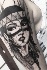 印度女人肖像黑色大臂纹身图案