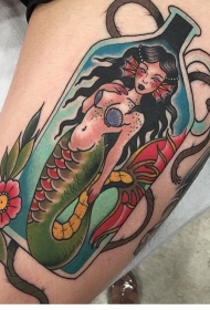 腿部old school彩色美人鱼纹身图片