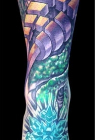 小腿超现实的彩色机械纹身图案