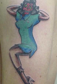 腿部彩色老学校风格骷髅女人纹身