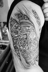肩部黑白色机械皮机制纹身图片