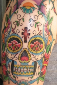 腿部彩色糖骷髅纹身图案